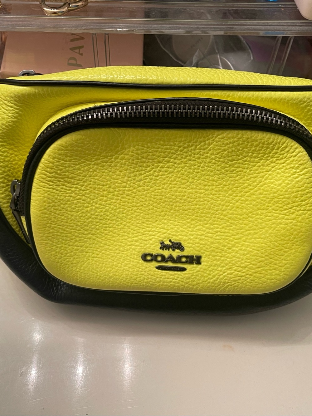 COACH Men’s Neon Yellow and Black Leather Belt Bag